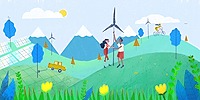 artwork of people planting a wind turbine on a mountain